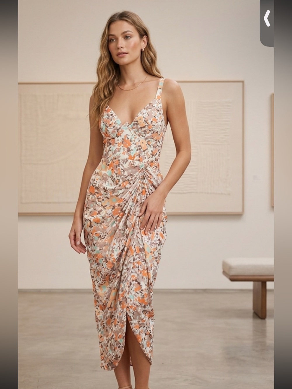 PrettyLittleThing Peach Floral Ruched Midi Dress. NWT